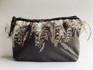 TAUPE LEATHER CLUTCH WITH FEATHER FRINGE