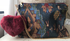 DARK DENIM AZTEC CHIC CROSSBODY BAG WITH POM POM HEART