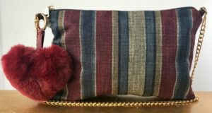 STRIPED DENIM CROSSBODY BAG WITH RED WINE POM POM HEART KEYCHAIN